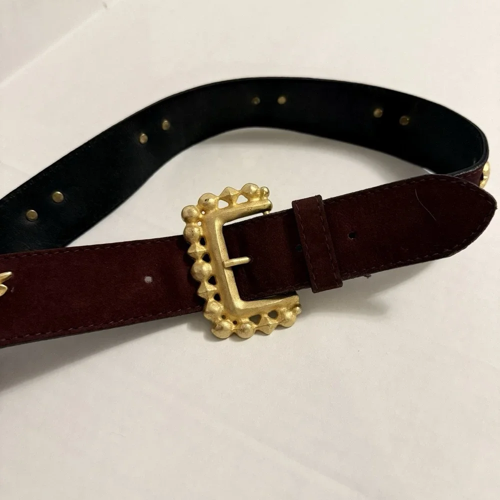 Crisca Dark Brown Leather Belt Gold Trim, Cow, Steer Horns. Made In Italy. 34 In